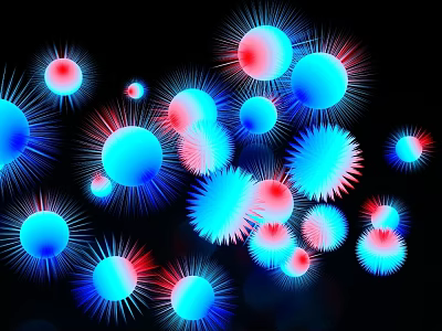 Colorful Blue And Red Spheres Art Installation With Radiant Light On Black Background 3d model