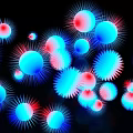 Colorful Blue And Red Spheres Art Installation With Radiant Light On Black Background
