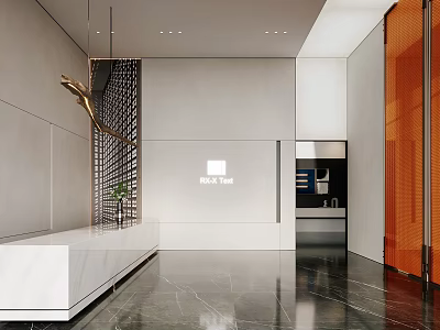 Modern Elegant White Reception Desk with Marble Floor Metal Decor Glass Partition Greenery Corporate Logo 3d model