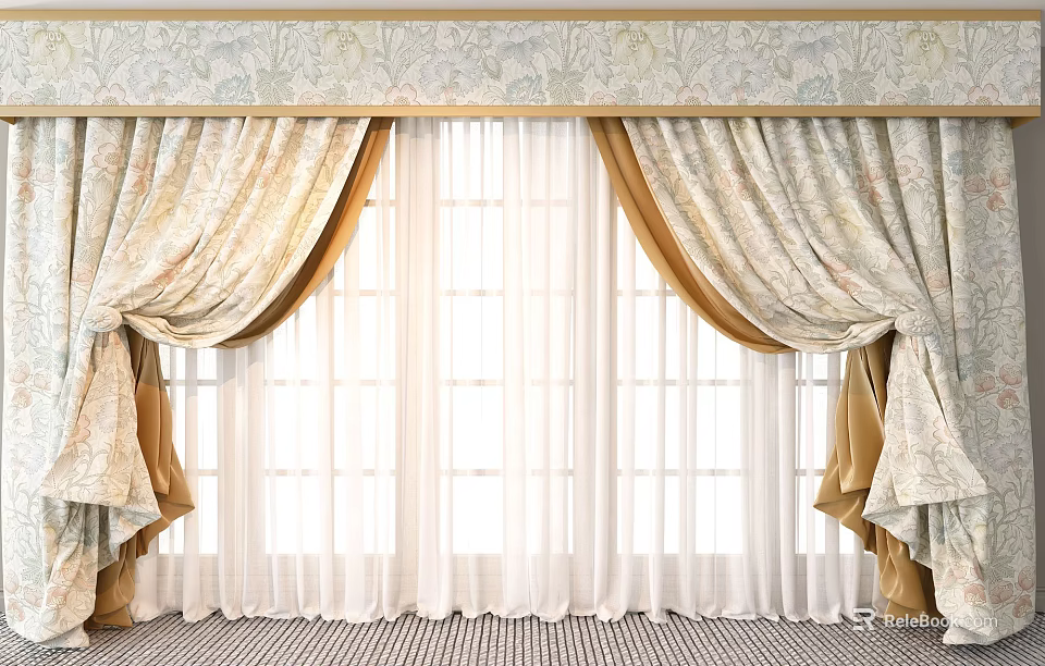 Classic Beige And Gold Floral Pattern Curtains With Valance And Sheer Inner Layer 3d model 