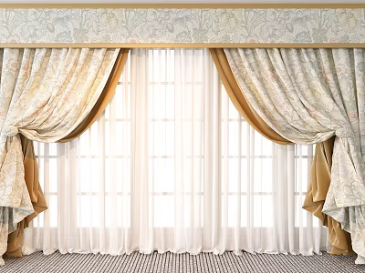 Classic Beige And Gold Floral Pattern Curtains With Valance And Sheer Inner Layer 3d model