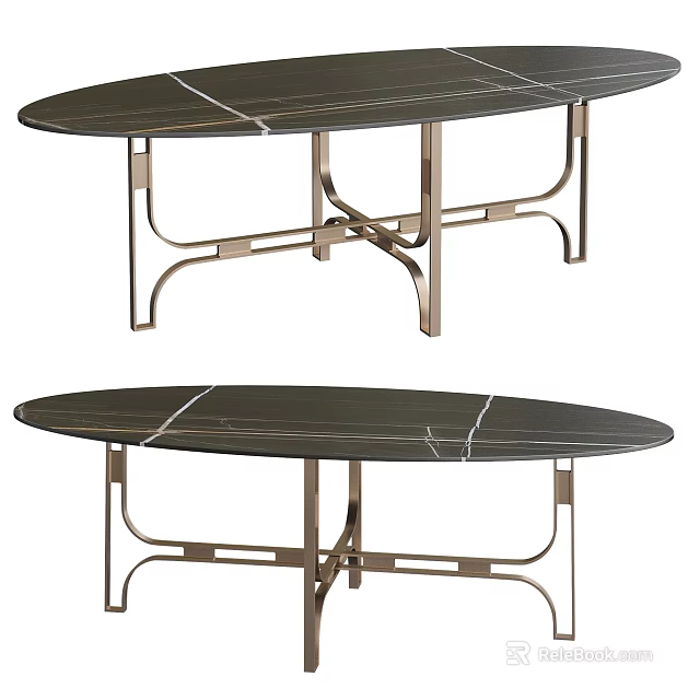 Modern Dark Marble Oval Coffee Table With Sleek Metal Legs 3d model 