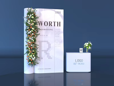 Elegant Floral Display with Vertical Flower Arrangement on White Board and Reception Counter 3d model
