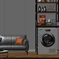 Modern Storage Shelf Unit Over Washing Machine In Living Room With Sofa And Window