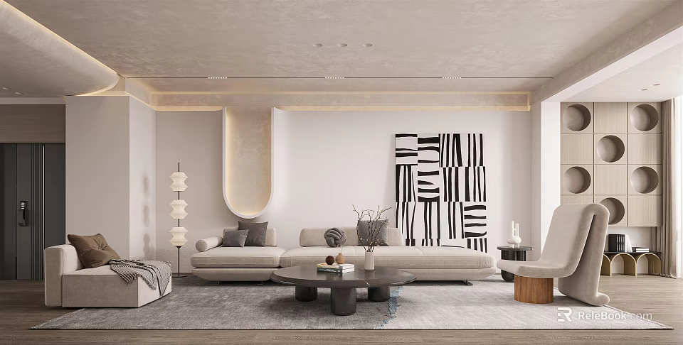 Modern Living Room Interior Design With Beige Sofa Black White Artwork And Floor Lamp 3d model 