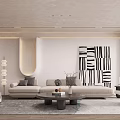 Modern Living Room Interior Design With Beige Sofa Black White Artwork And Floor Lamp