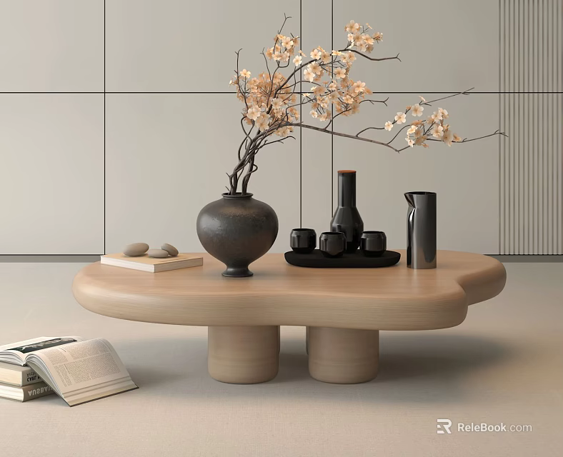 Modern Minimalist Wooden Coffee Table With Blossom Vase Tray Cups And Books Beside 3d model 