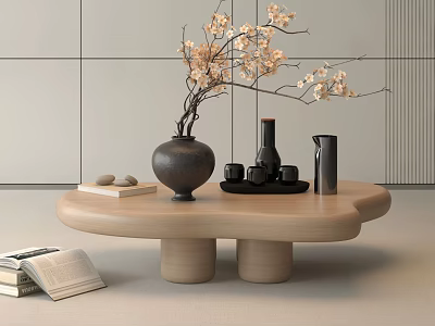 Modern Minimalist Wooden Coffee Table With Blossom Vase Tray Cups And Books Beside 3d model