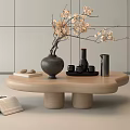 Modern Minimalist Wooden Coffee Table With Blossom Vase Tray Cups And Books Beside