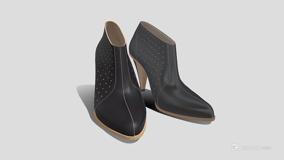 Black Leather Ankle Boots With Perforated Dots High Heel And Pointed Toe Design 3d model 