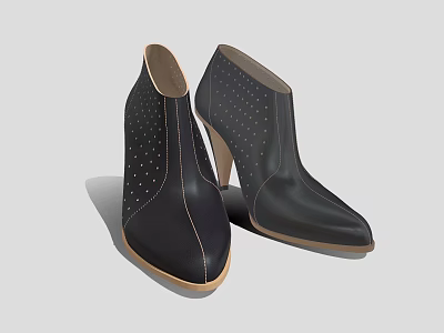 Black Leather Ankle Boots With Perforated Dots High Heel And Pointed Toe Design 3d model