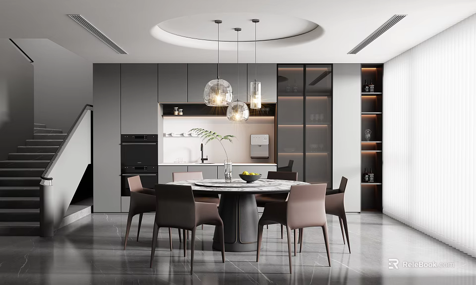 Modern Restaurant Interior With Grey Cabinets Round Dining Table Pink Chairs And Hanging Lamps 3d model 