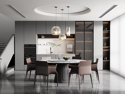 Modern Restaurant Interior With Grey Cabinets Round Dining Table Pink Chairs And Hanging Lamps 3d model