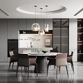 Modern Restaurant Interior With Grey Cabinets Round Dining Table Pink Chairs And Hanging Lamps