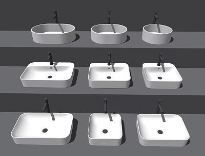 Display of Round and Square Washbasin Designs with Modern Faucets 3d model