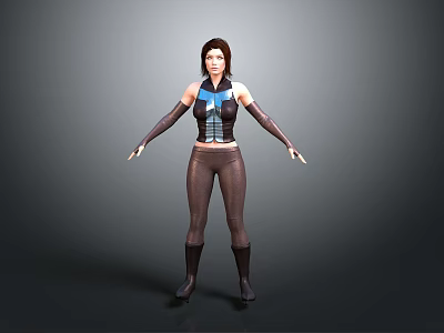 3D Female Character Model With Blue Accent Vest Black Arm Sleeves And Brown Pants 3d model