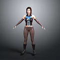 3D Female Character Model With Blue Accent Vest Black Arm Sleeves And Brown Pants