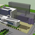 Modern Hospital Exterior Design With Glass Curtain Wall Red Cross Symbol And Entrance Canopy