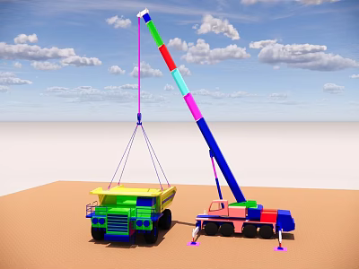 Yellow Dump Truck And Colorful Crane Truck Working On Sandy Ground Under Blue Sky 3d model