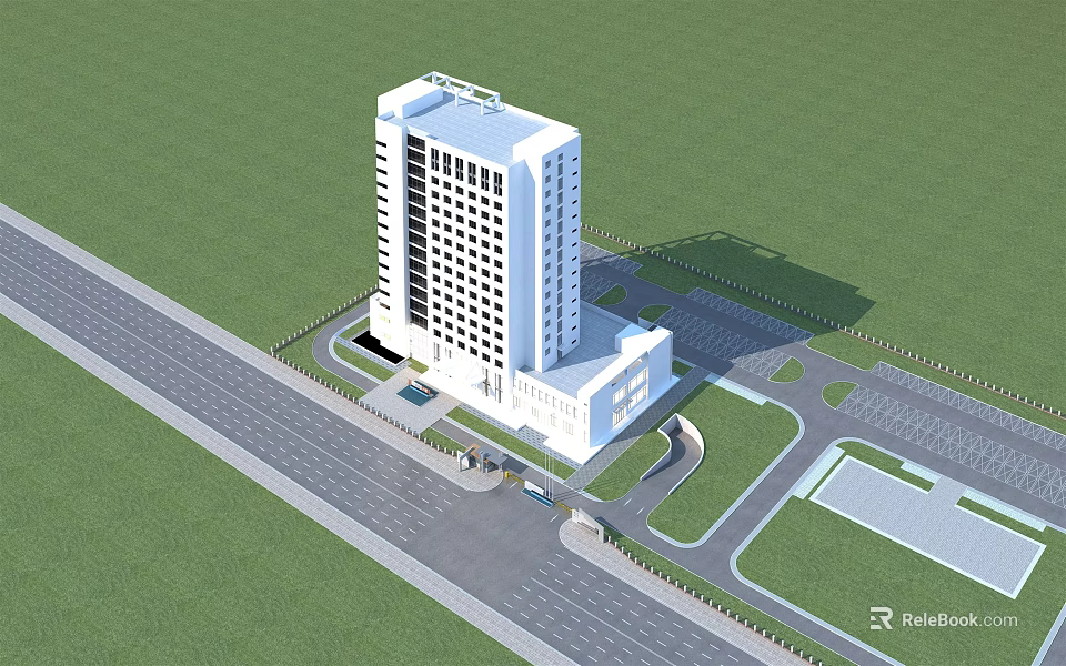 Modern Office Building With White Exterior Green Lawn Roadway Parking Area And Entrance Design 3d model 