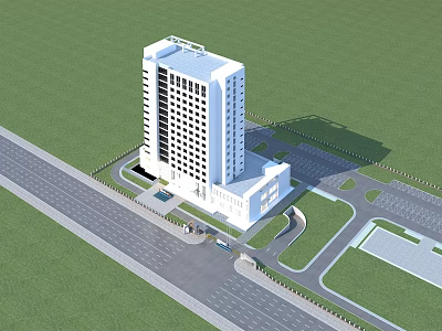 Modern Office Building With White Exterior Green Lawn Roadway Parking Area And Entrance Design 3d model