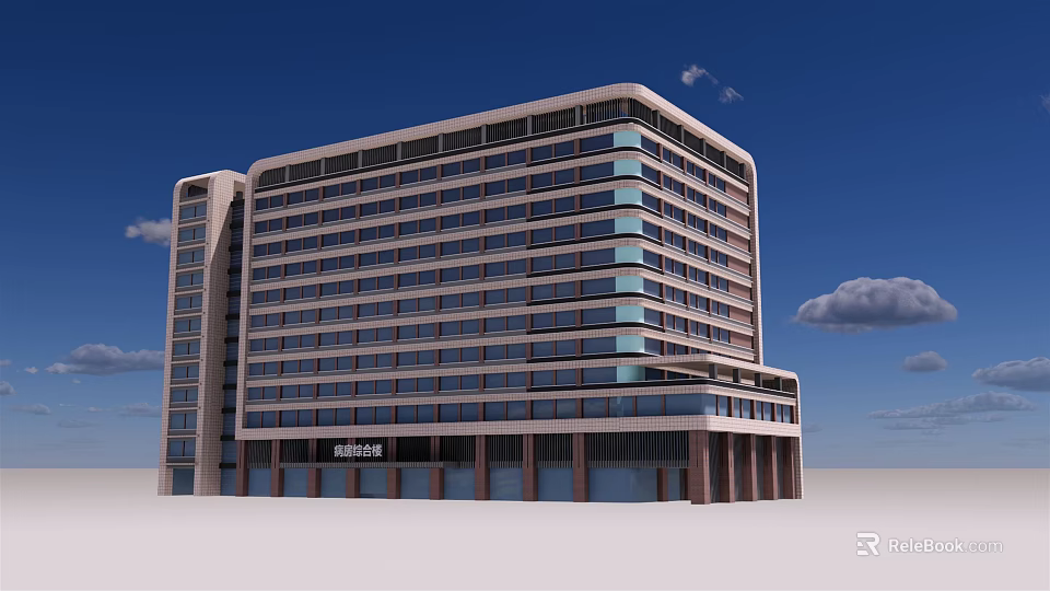 Modern High Rise Hotel Building With Glass Windows And Entrance Under Blue Sky 3d model 