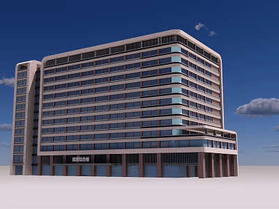 Modern High Rise Hotel Building With Glass Windows And Entrance Under Blue Sky 3d model