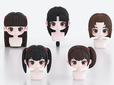 Cartoon Style Female Head Models With Various Hairstyles Black Brown Hair And Red Accessories 3d model