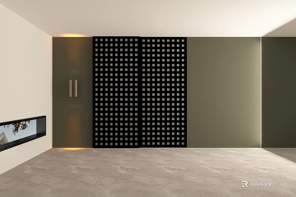 Black Grid Pattern Sliding Door in Modern Interior Room With Green Walls And Gray Floor 3d model 