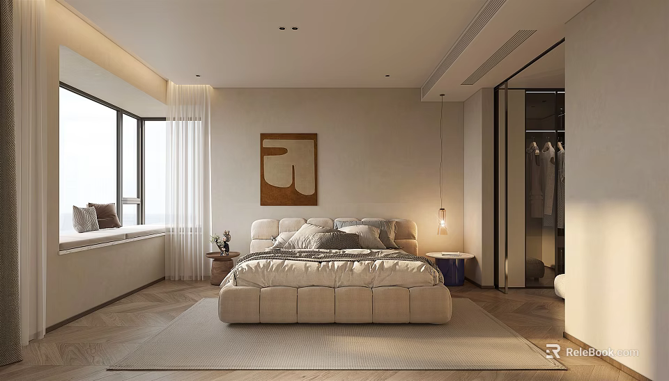 Modern Bedroom Interior Design With Large Beige Bed Decorative Artwork Window Curtains And Rug 3d model 