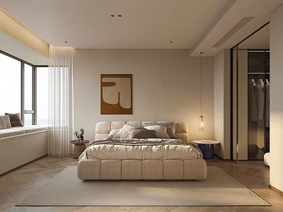 Modern Bedroom Interior Design With Large Beige Bed Decorative Artwork Window Curtains And Rug 3d model