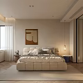 Modern Bedroom Interior Design With Large Beige Bed Decorative Artwork Window Curtains And Rug