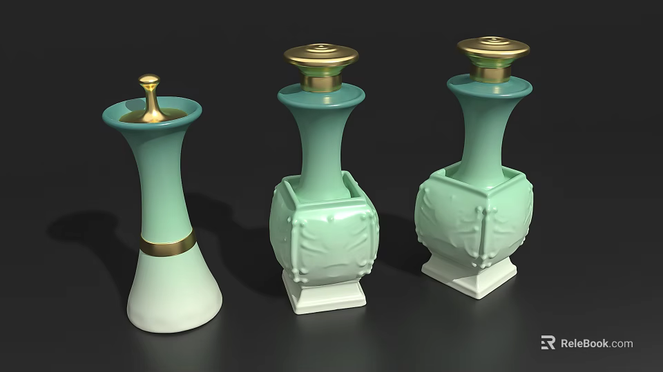 Elegant Ceramic Vessels With Different Shapes Light Green White Bodies Gold Lids And Carved Patterns 3d model 