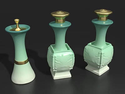 Elegant Ceramic Vessels With Different Shapes Light Green White Bodies Gold Lids And Carved Patterns 3d model