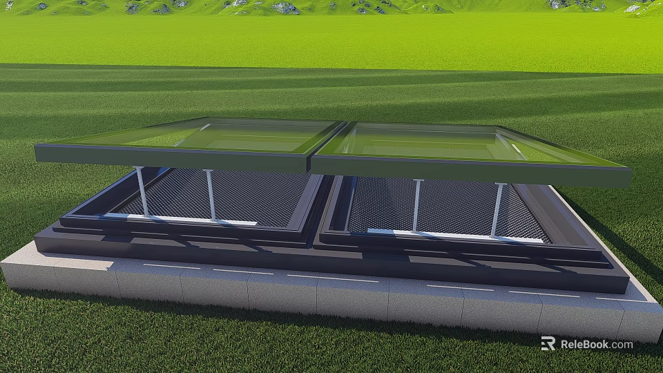 Modern Single Family House Design With Glass Roof Metal Frame And Green Lawn 3d model 