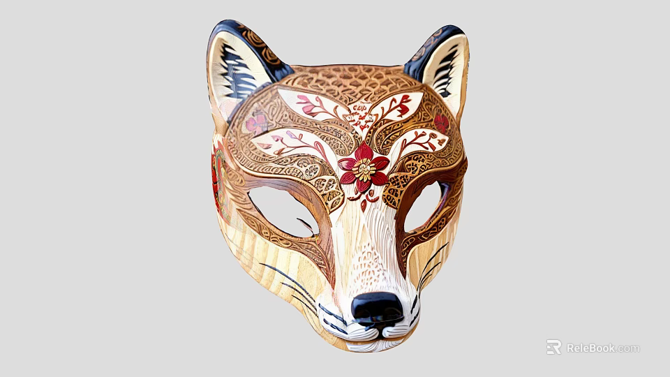 Ornate Fox Mask With Black Ears Intricate Red Flowers Leaves And Beige Base 3d model 
