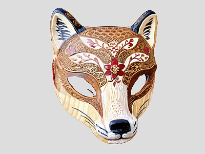 Ornate Fox Mask With Black Ears Intricate Red Flowers Leaves And Beige Base 3d model