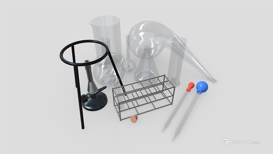 Laboratory Equipment With Ring Stand Beakers Funnel Test Tube Rack And Pipettes 3d model 