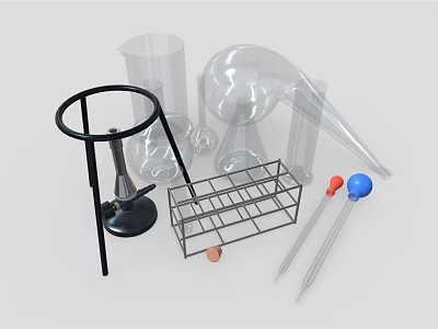 Laboratory Equipment With Ring Stand Beakers Funnel Test Tube Rack And Pipettes 3d model