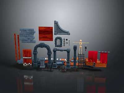 Medieval Scenery Construction Elements With Brick Walls Wooden Doors And Arch Structures 3d model