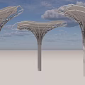 Modern Sculptural Pillars in Industrial Interior Space with Canopy Like Tops and Ceiling Lights