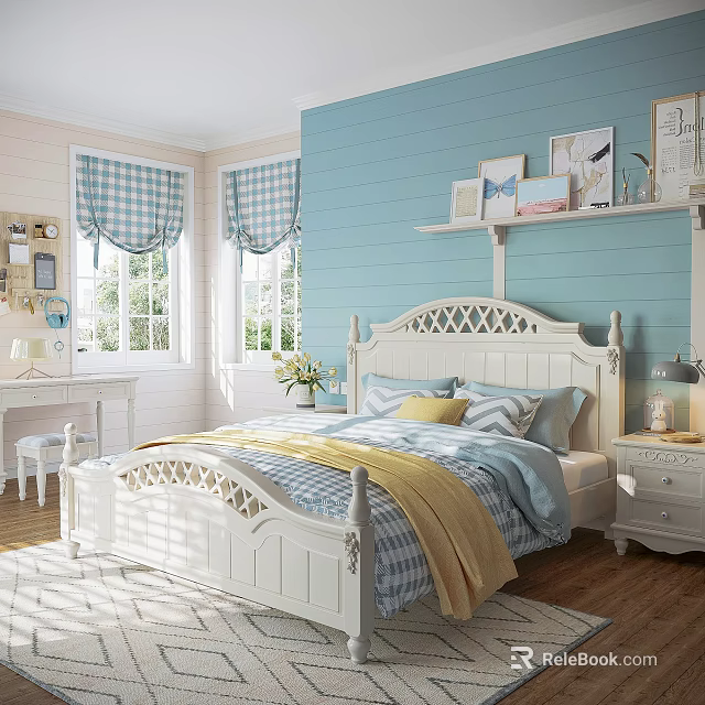 White Kids Bed With Carved Headboard In Cozy Room Light Blue Walls And Checkered Curtains 3d model 