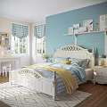 White Kids Bed With Carved Headboard In Cozy Room Light Blue Walls And Checkered Curtains