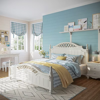 White Kids Bed With Carved Headboard In Cozy Room Light Blue Walls And Checkered Curtains 3d model