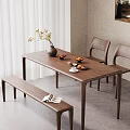 Minimalist Wooden Dining Table And Chairs Set With Bench Vase Fruit Bowls And Magazine