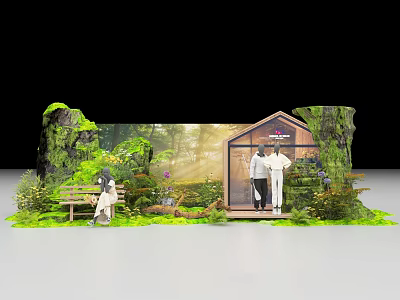 Lush Living Plant Wall with Wooden Cabin and Greenery in Natural Garden Setting 3d model