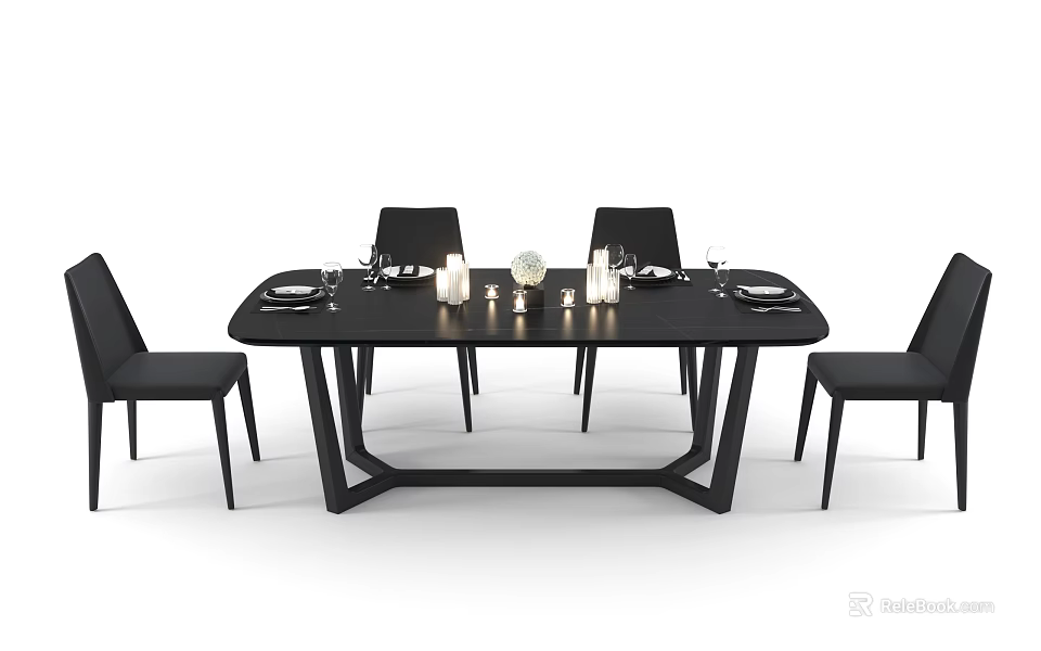 Modern Black Dining Table Set With Four Chairs And Decorative Tableware 3d model