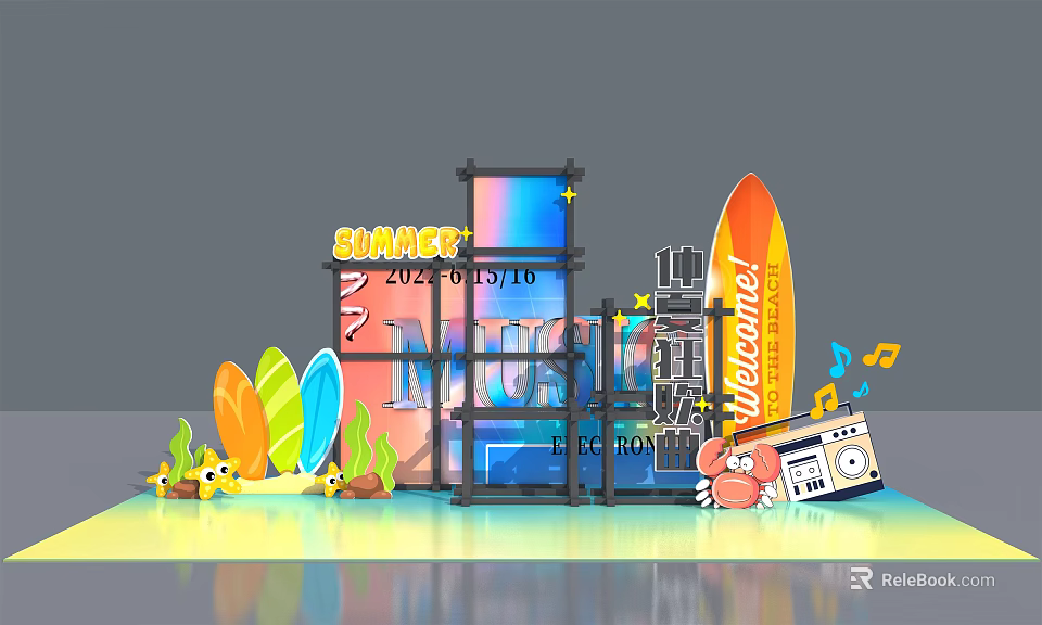 SLAMJAM 2024 2025 Tour Vibrant Display With Colorful Surfboards Radio And Music Notes 3d model 