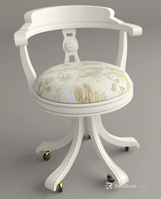 White Wooden Accent Chair With Carved Detailing Floral Patterned Cushion And Round Base Gold Wheels 3d model 