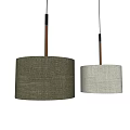 Two Modern Pendant Lights With Dark And White Linen Shades And Wooden Rods